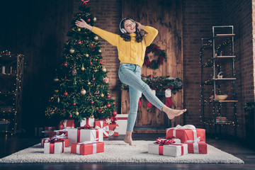 Sticker - Full length body size photo of charming beautiful cute amazing girl dancing on carpet floor wearing yellow pullover