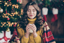 Close Up Photo Of Cheerful Fun Nice Positive Cute Charming Girl Sensing Nice Smell Of Drink Wearing Yellow Pullover Sitting In Plaid Enjoying Her Carefree Leisure With Cup Of Tea