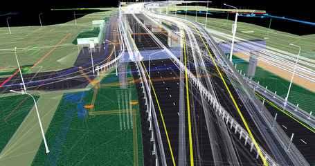 Wall Mural - the bim model of the object of transport infrastructure of wireframe view