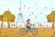 Woman On Bicycle In Paris Autumn Vector. Fall Season Lifestyle Cycling In Park. Eiffel Tower On Backgrounds