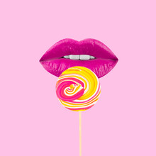 Colored Lollipop With Pink Lips оn A Light Pink Background. Summer Art Collage