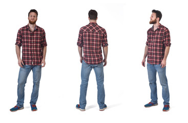 Sticker - front, back and  profile with a man with  plaid shirt on white background