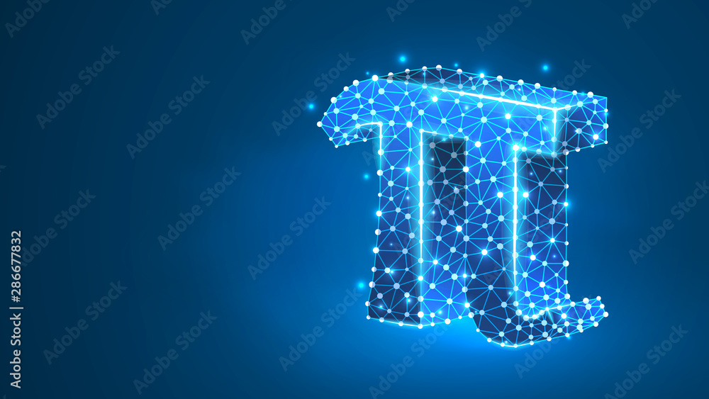 Pi, the letter of a Greek alphabet. Greek numerals, mathematical number eighty concept. Abstract, digital, wireframe, low poly mesh, Raster blue neon 3d illustration. Triangle, line, dot - obrazy, fototapety, plakaty 