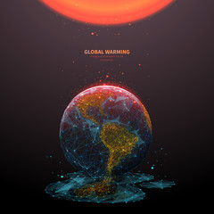 Fototapete - Global warming low poly banner template. 3d polygonal melting earth planet. Ecological problem concept with connected dots and lines. Environmental disaster vector color wireframe mesh illustration