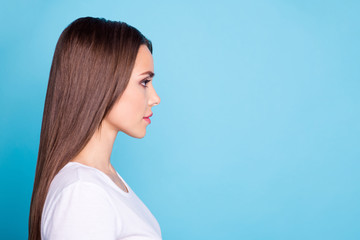 Poster - Profile side photo of lovely lady looking wearing white t-shirt isolated over blue background