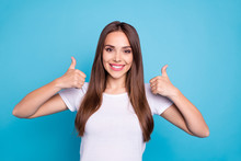 Portrait Of Nice-looking Attractive Lovely Fascinating Cheerful Cheery Confident Straight-haired Lady Showing Two Thumbup Isolated Over Bright Vivid Shine Blue Green Teal Turquoise Background