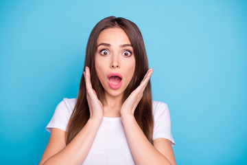 Sticker - Close-up portrait of her she nice-looking attractive afraid worried feminine straight-haired lady opened mouth scary news isolated over bright vivid shine blue green teal turquoise background