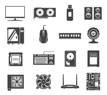 Computer Hardware Black And White Glyph Icons Set