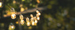 outdoor party string lights hanging in backyard on green bokeh background with copy space