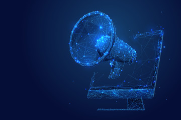 Fototapete - Digital marketing low poly wireframe illustration. Polygonal online notification, Internet targeted advertisement mesh art. 3D computer and megaphone with connected dots. Promotional campaign