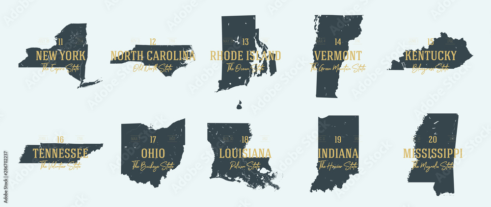 Set 2 of 5 Highly detailed vector silhouettes of USA state maps with names and territory nicknames - obrazy, fototapety, plakaty 