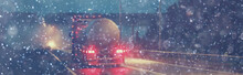 Blurred Transport Background Snow / Traffic On A Winter Highway, Seasonal Auto Concept, Blurry Auto Texture, Traffic Jams