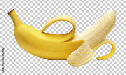 Cuadros en Lienzo Peeled banana isolated on transparent background including clipping path