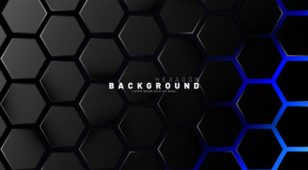 Abstract black hexagon pattern on blue neon background technology style. Honeycomb. Vector illustration