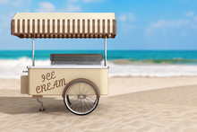 Summer Vacation Concept. Ice Cream Cart On An Ocean Deserted Coast. 3d Rendering