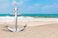 Summer Vacation Concept. Silver Nautical Anchor On An Ocean Deserted Coast. 3d Rendering