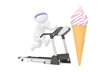 Wall Mural - Fitness Concept. Person Runner Runs Along the Treadmill and Reaches for the Soft Serve Ice Cream in Waffle Crispy Ice Cream Cone. 3d Rendering