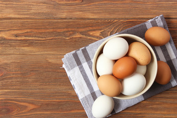 chicken eggs on the table. Farm products, natural eggs.