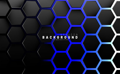 Abstract black hexagon pattern on blue neon background technology style. Honeycomb. Vector illustration