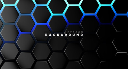 Poster - Abstract black hexagon pattern on blue neon background technology style. Honeycomb. Vector illustration