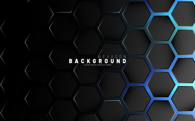 Wall Mural - Abstract black hexagon pattern on blue neon background technology style. Honeycomb. Vector illustration