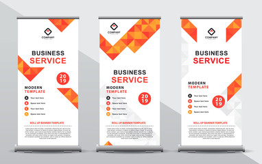 Set of three orange roll up banner template. Modern abstract geometric polygonal design composition with portrait presentation.