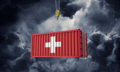 Switzerland trade cargo container hanging against dark clouds. 3D Render