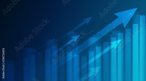 Fotografía Abstract financial graph with uptrend line and arrows in stock market on blue co