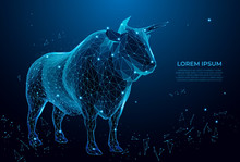 Bull Symbol Of Royalty. Cow Symbol Of Fertility, Nurturing, And Power For Centuries.Vector Polygonal Futuristic Image. Polygonal Wireframe Mesh Art