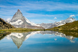 Fototapeta Do przedpokoju - Matterhorn and Dente Blanche from Riffelsee mountain lake above Zermatt, Switzerland