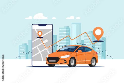 Fotografía Orange car, smartphone with route and points location on a city map on the urban landscape background