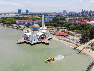 Wall Mural - Aerial view of Malacca Straits Mosque or Masjid Selat Melaka