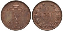 Finland Finnish Coin 10 Ten Pennia 1914, Russian Administration, Crowned Monogram Of Emperor Nickolas II, Denomination And Date,