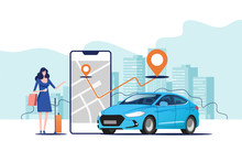 Online ordering taxi car, rent and sharing using service mobile application. Woman near smartphone screen with route and points location on a city map on the car and urban landscape background.