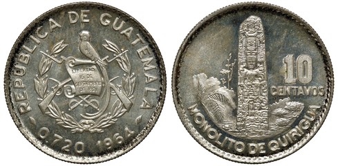 Wall Mural - Guatemala Guatemalan silver coin 10 ten centavos 1964, arms, scroll in front of two crossed rifles flanked by sprigs, bird on top of scroll, Quirigua monolith,