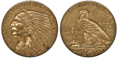 United States US golden coin 2-1/2 two and a half dollars 1912, Indian chief head left, stars surround, eagle left, denomination below,