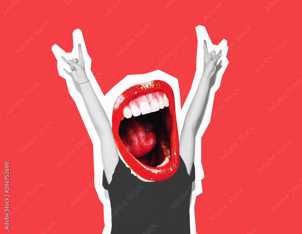Stylish trendy collage of modern art. Instead of a head, a crazy mouth screams, giving a sign of rock and roll, a gesture of the devil's horn. Bright red lips, white teeth, mouth with a long tongue - obrazy, fototapety, plakaty 