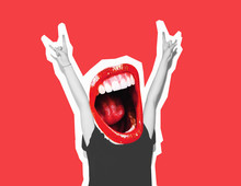 Stylish Trendy Collage Of Modern Art. Instead Of A Head, A Crazy Mouth Screams, Giving A Sign Of Rock And Roll, A Gesture Of The Devil's Horn. Bright Red Lips, White Teeth, Mouth With A Long Tongue