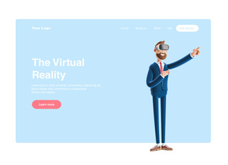 3d illustration. Businessman Billy using virtual reality glasses and touching vr interface. Web banner, start site page, infographics,vr  concept.