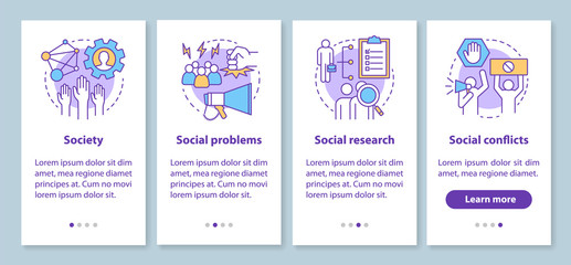 Sociology onboarding mobile app page screen with linear concepts. Society, social problems, conflicts walkthrough steps graphic instructions. Social research. UX, UI, GUI vector template with icons
