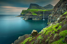 View To Green Hills And Waterfall In Village Gasadalur On On Faroe Island. Big Size.