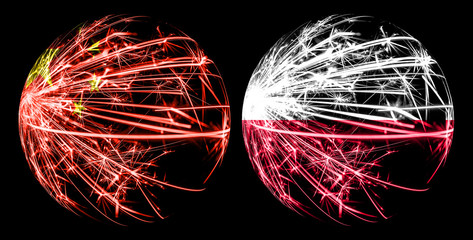 Abstract China, Chinese, Poland, Polish sparkling flags, sport ball game concept isolated on black background