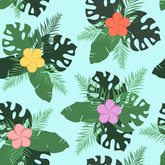 Tropical seamless repeat pattern with plumeria (frangepani) flowers and green exotic leaves on a mint background. Trendy summer background.