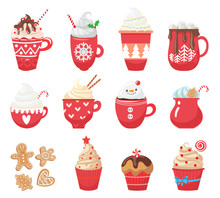 Set With Winter Hot Drinks And Dessert. Menu. Collection Christmas With Funny Cups And Mug. Cacao, Tea, Coffee, Milk, Cookie, Candy. Vector Illustration