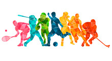 Color Sport Background. Football, Basketball, Hockey, Box, \nbaseball, Tennis. Vector Illustration Colorful Silhouettes Athletes