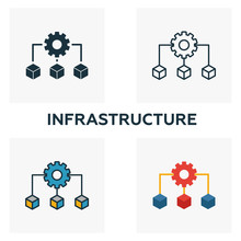Infrastructure Icon Set. Four Elements In Diferent Styles From Community Icons Collection. Creative Infrastructure Icons Filled, Outline, Colored And Flat Symbols