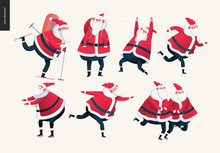 Sporting Santa Set - Modern Flat Vector Concept Illustration Of Cheerful Santa Claus Skiing With A Gift Bag, Skating. Standing And Hanging