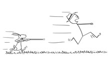 Vector Cartoon Stick Figure Drawing Conceptual Illustration Of Man Or Hunter Running In Fear Away From Rabbit Or Hare Or Jackrabbit, With His Rifle Or Gun.
