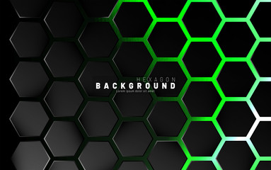 Abstract black hexagon pattern on green neon background technology style. Honeycomb. Vector illustration