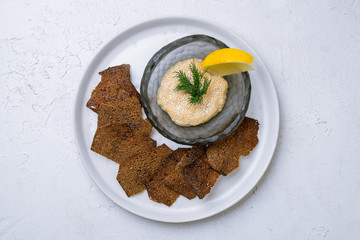Wall Mural - pike caviar with bread on white concrete table